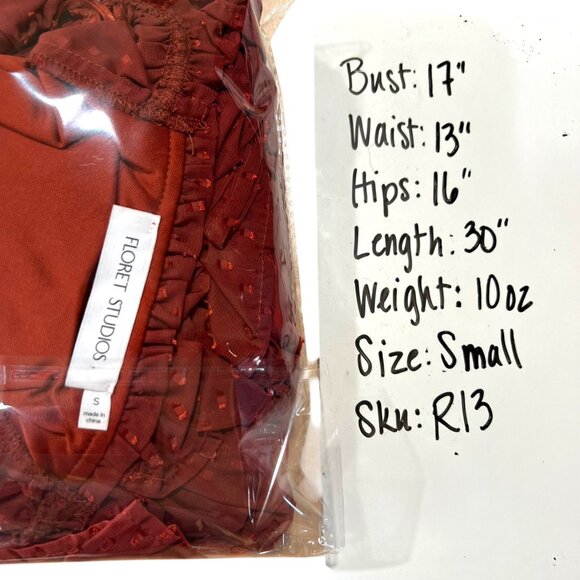 Floret Studios Polka Dot Ruffle Ruched V-Neck Mini Dress Marsala Red Size Small - Picture 11 of 11